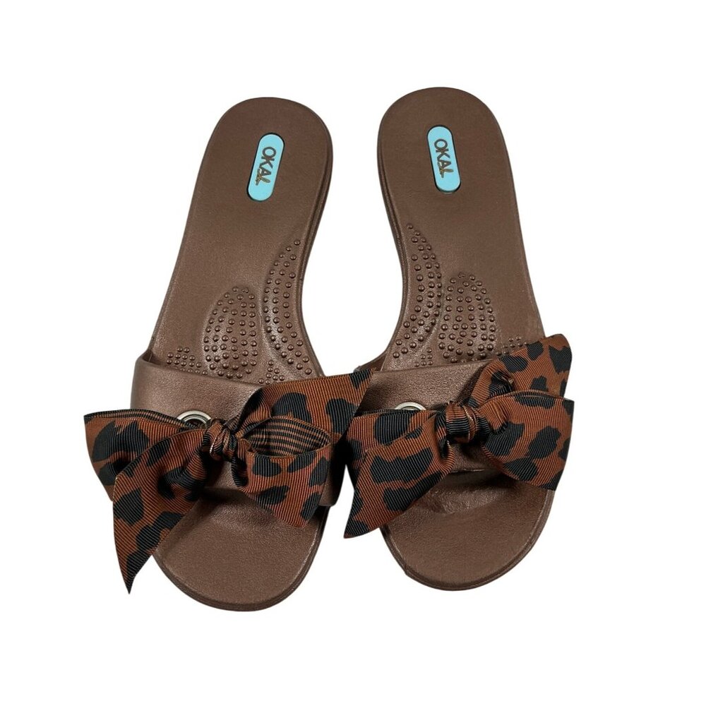 OKA B Leopard Bow Slide Sandals – Brown Slip-On – Size M - Picture 3 of 4